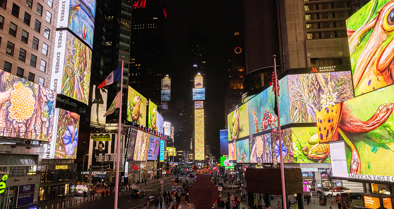 AI-Generated Endangered Species Mix With Times Square's Nightlife