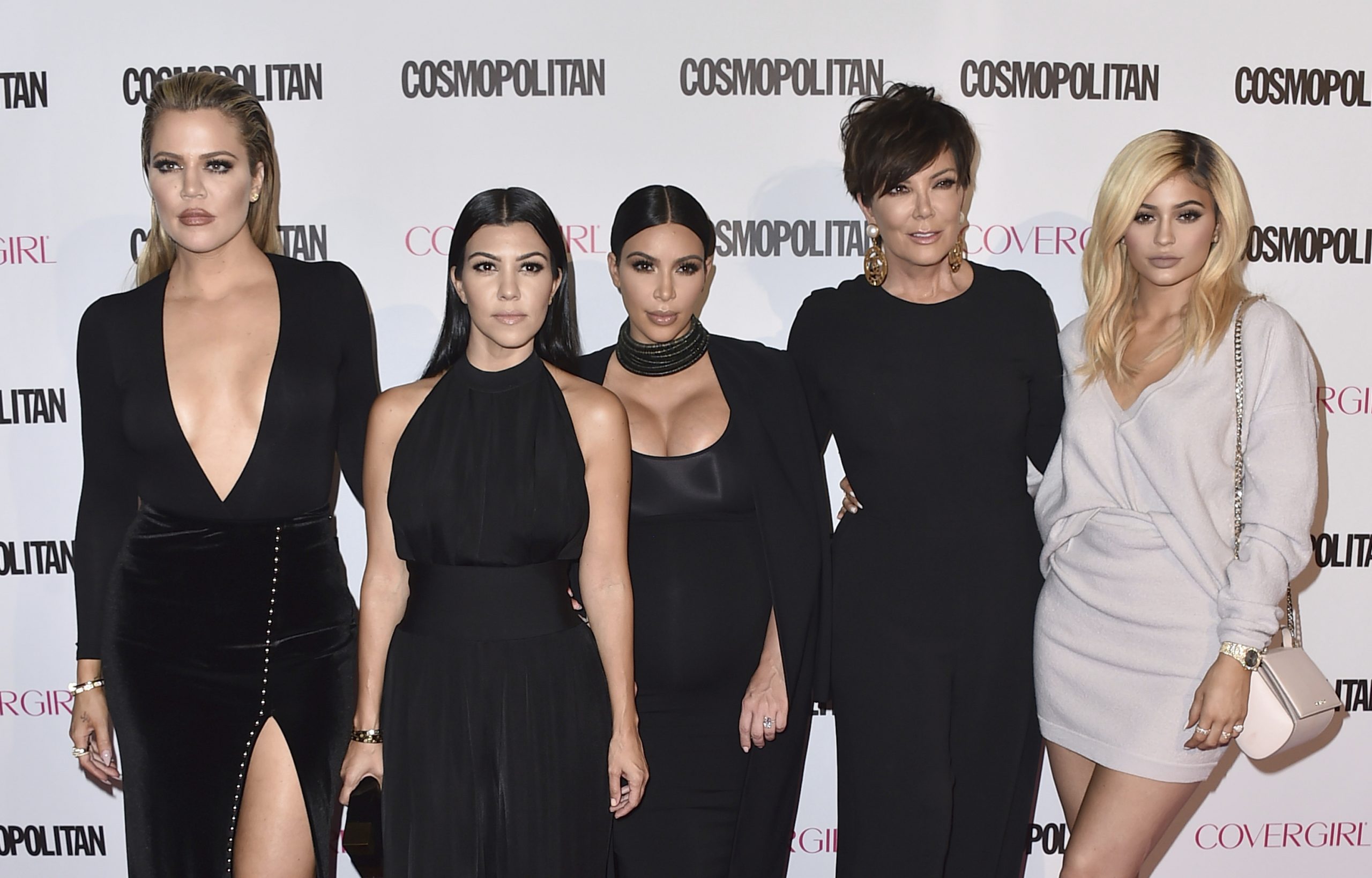 FILE - Khloe Kardashian, from left, Kourtney Kardashian, Kim Kardashian, Kris Jenner and Kylie Jenner arrive at Cosmopolitan magazine's 50th birthday celebration on Oct. 12, 2015, in West Hollywood, Calif. The Kardashians are promising an all-access pass into their lives, again, when they hit screens April 14 with a new reality series, "The Kardashians," this time on Hulu. (Photo by Jordan Strauss/Invision/AP, File)