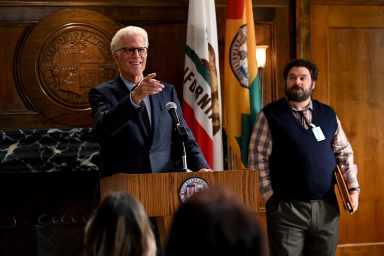 MR. MAYOR -- "Pilot" Episode 101 -- Pictured: (l-r) Ted Danson as Mayor Neil Bremer, Bobby Moynihan as Jayden Kwapis -- (Photo by: Mitchell Haddad/NBC)