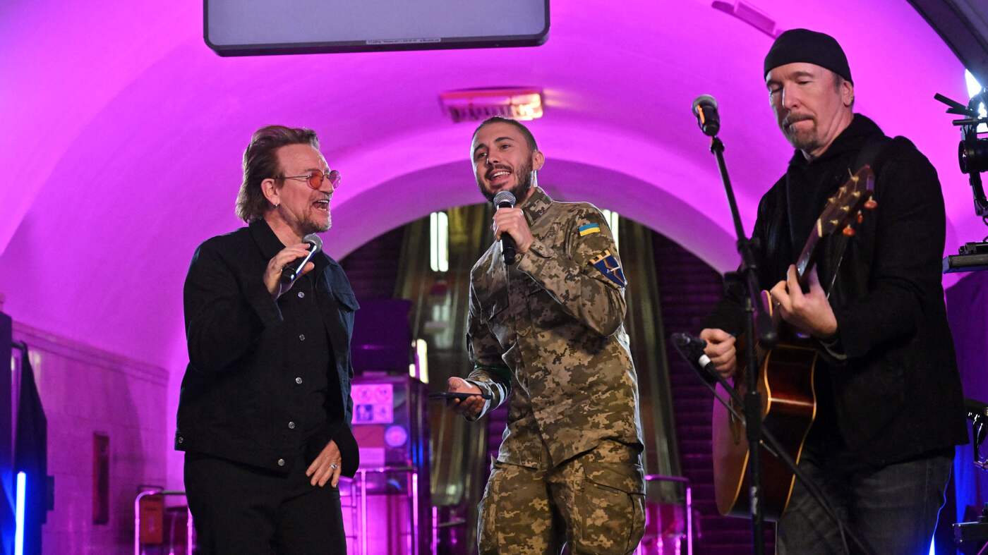 U2's Bono and the Edge perform in Kyiv subway station : NPR