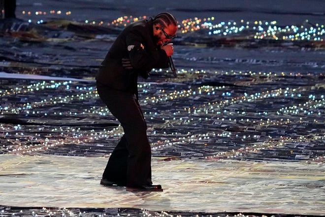 Kendrick Lamar performs during halftime of the Super Bowl 56 game between the Los Angeles Rams and the Cincinnati Bengals.